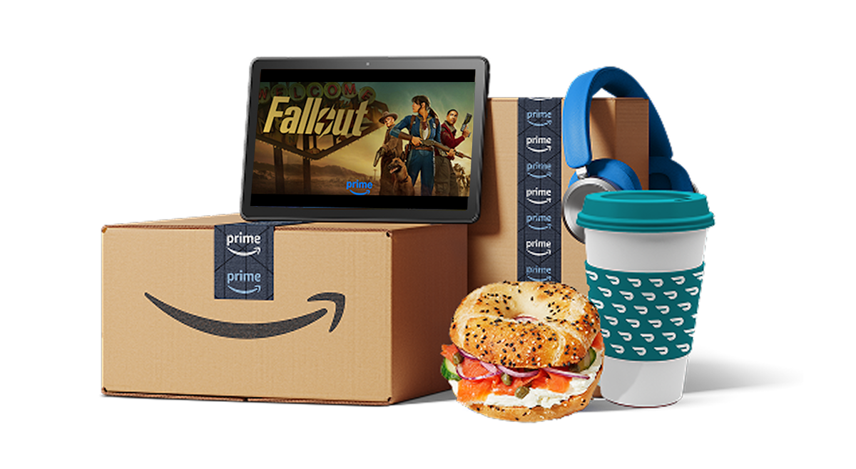 An image showing box of Amazon parcels and devices with a tablet featuring Fallout show on Prime.