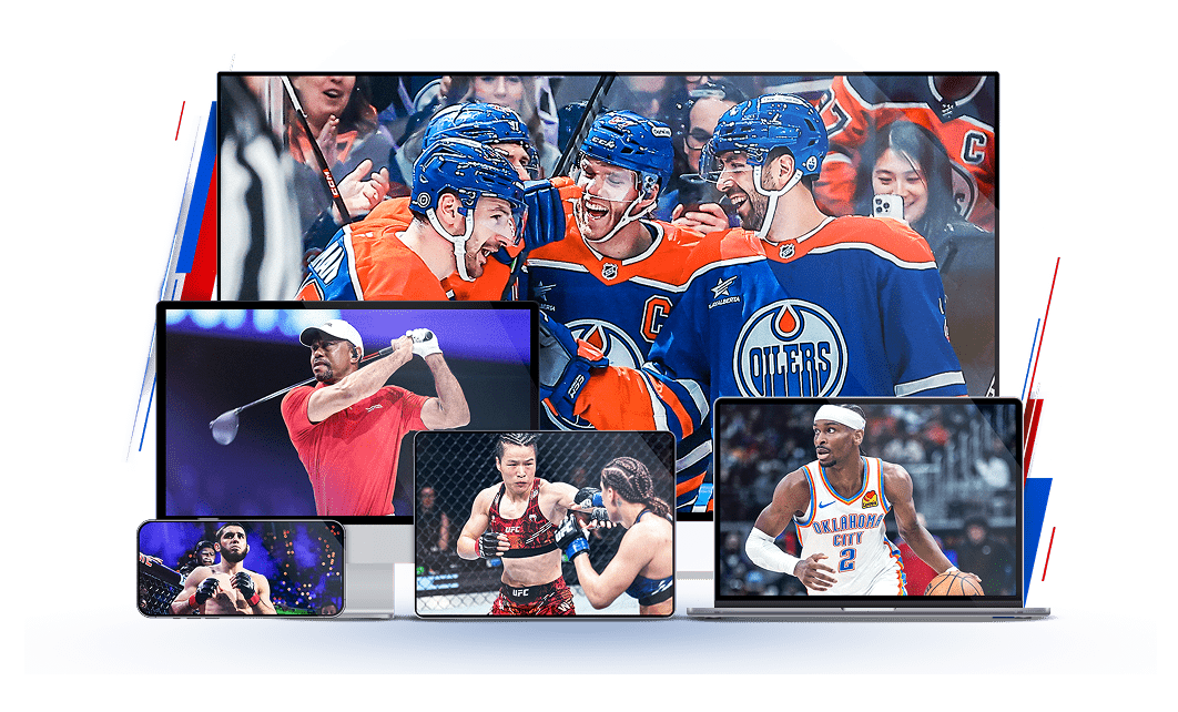 Assorted sizes of screens all showing Sportsnet+ gameplay.