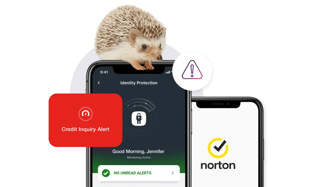 A smart phone shows the identity protection screen with no unread alerts while another screen shows a credit inquiry alert pop up.

