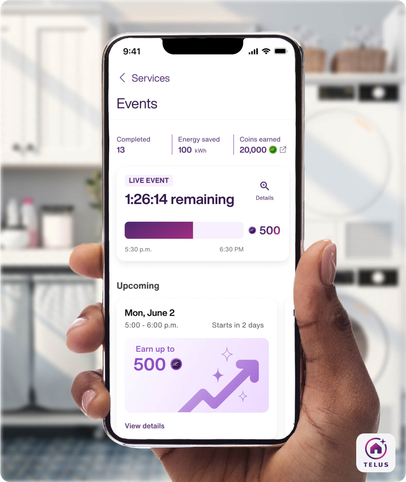 The TELUS SmartHome+ app showing a live energy event.