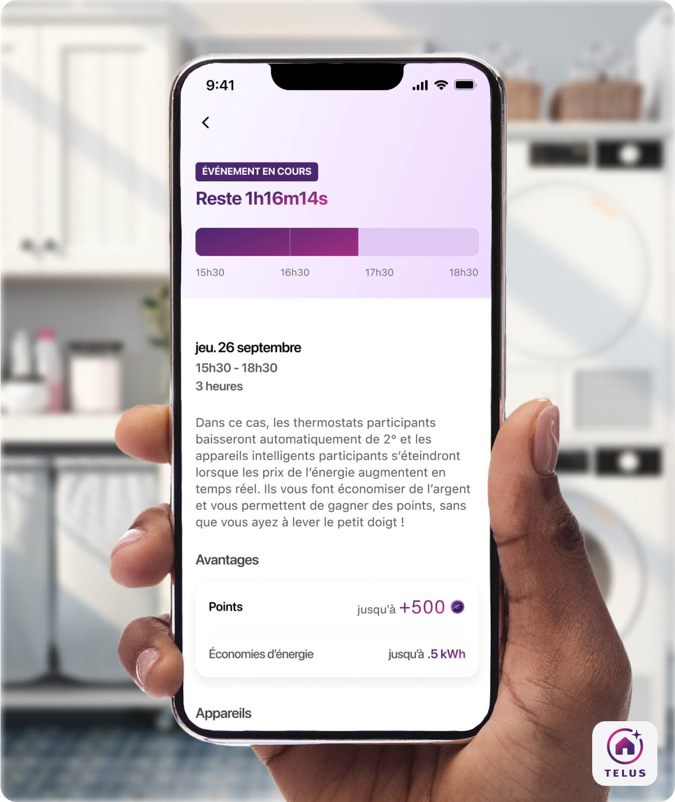 L’application Maison connectée+ de TELUS montrant un événement d’économie d’énergie en direct.