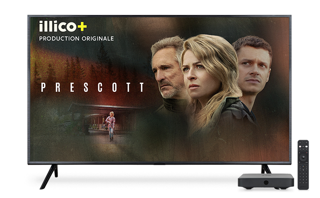 A TV with a TELUS TV Digital Box and a remote. The TV is displaying the poster for 'PRESCOTT' from 'illico+ PRODUCTION ORIGINALE'.