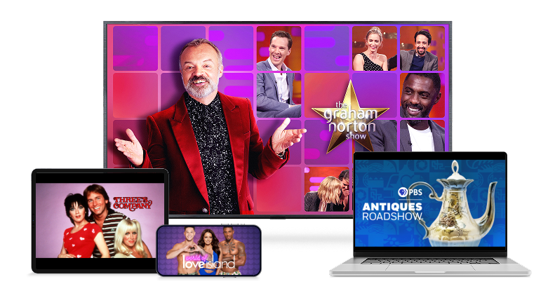 Four devices display different TV shows. A TV screen showing The Graham Norton show, a tablet screen showing Three's Company, a laptop showing Antiques Roadshow and a smartphone showing Love Island.