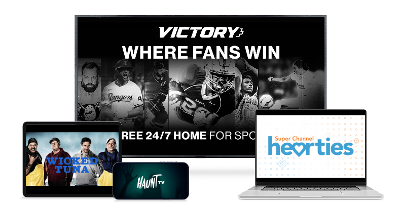 A TV, laptop, tablet, and phone display sports and shows like Wicked Tuna, HauntTV, and Victory+.