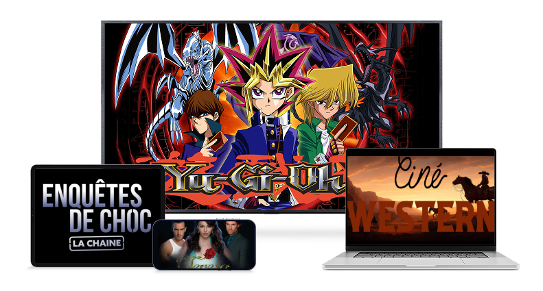 Divers appareils affichant "Yu-Gi-Oh!", "Enquêtes de choc" et "Ciné Western" sur un fond noir.