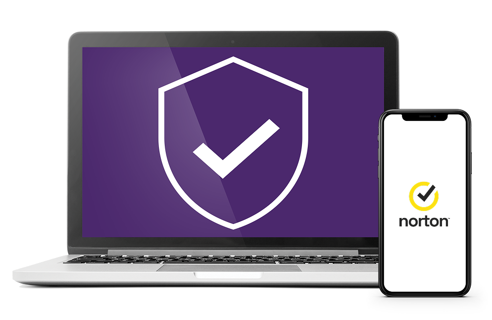 A laptop and smartphone. The laptop displays the TELUS Online Security logo, and the smartphone displays the Norton logo.