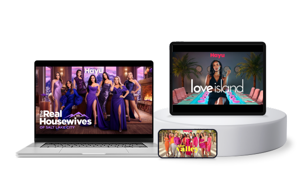 Three devices displaying different TV shows. A laptop displaying 'The Real Housewives of Salt Lake City'. On the right, a tablet displaying 'Love Island'. In front, a smartphone displaying 'The Valley S3'.
