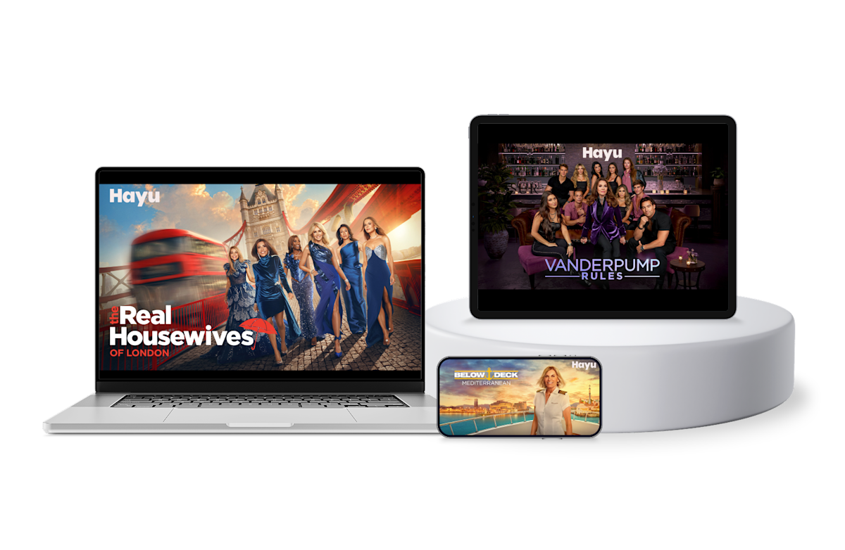 A laptop, tablet and smartphone. The device screens display the posters for Real Housewives, Vanderpump Rules and Below Deck.