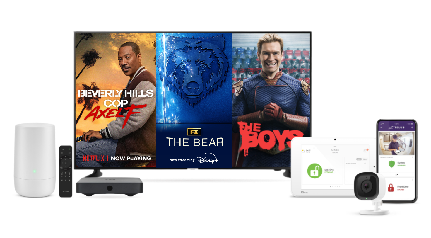 A Wi-Fi router, a TV screen displaying Netflix's Beverly Hills Cop: Axel F, Disney+'s The Bear and Prime Video's The Boys, and a home security system.