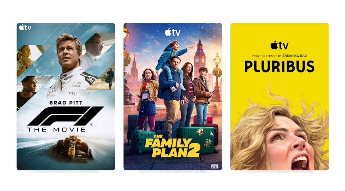 Three posters of popular content on Apple TV; F1, Family Plan 2 and Pluribus.