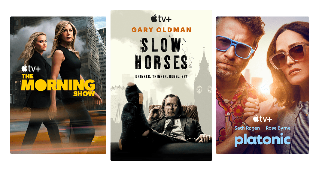 Three posters of popular content on Apple TV+; The Morning Show, Slow Horses and Platonic.