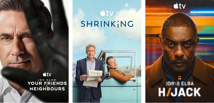 Three posters: ‘Your Friends and Neighbours’, ‘Shrinking’, and ‘Hijack’.