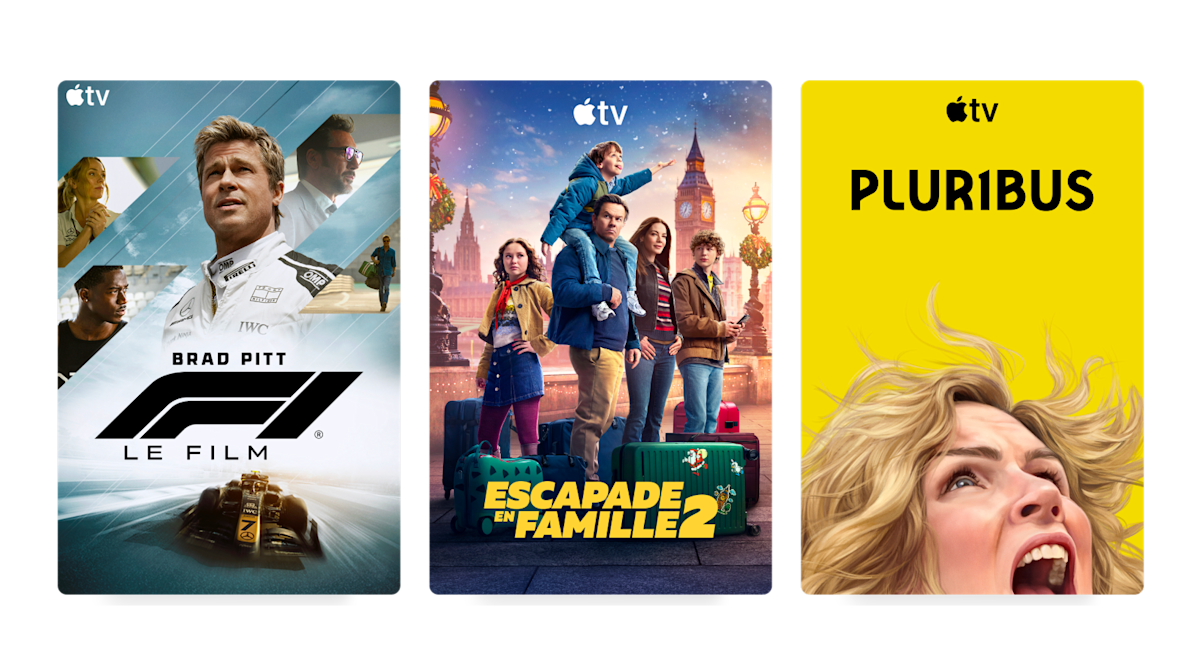 Trois affiches de contenu populaire sur Apple TV : F1, Family Plan 2 et Pluribus.