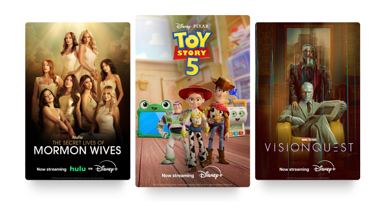 Three posters for Disney+ titles, including The Secret Lives of Mormon Wives, Toy Story 5, and VisionQuest.