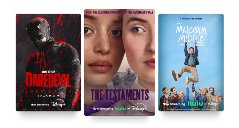 Three posters: ‘Daredevil - Born Again’, ‘The Testaments’ and ‘Malcolm in the Middle: Life’s Still Unfair’.