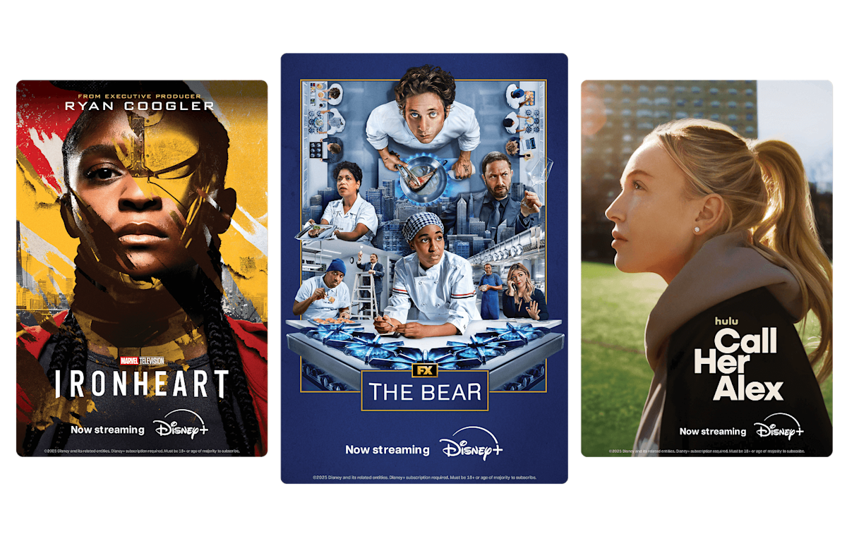 Disney+ posters for Ironheart, The Bear S4 and Call her Alex.