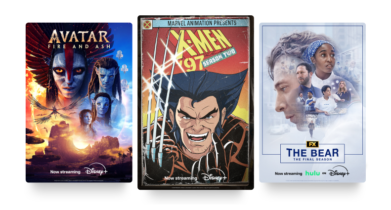 Posters for Avatar: Fire and Ash, Marvel's X-Men '97 Season Two, and FX's The Bear final season on Disney+.