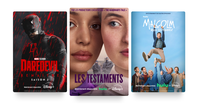 Trois affiches : Daredevil, Les Testaments et Malcolm : Rien n'a changé.