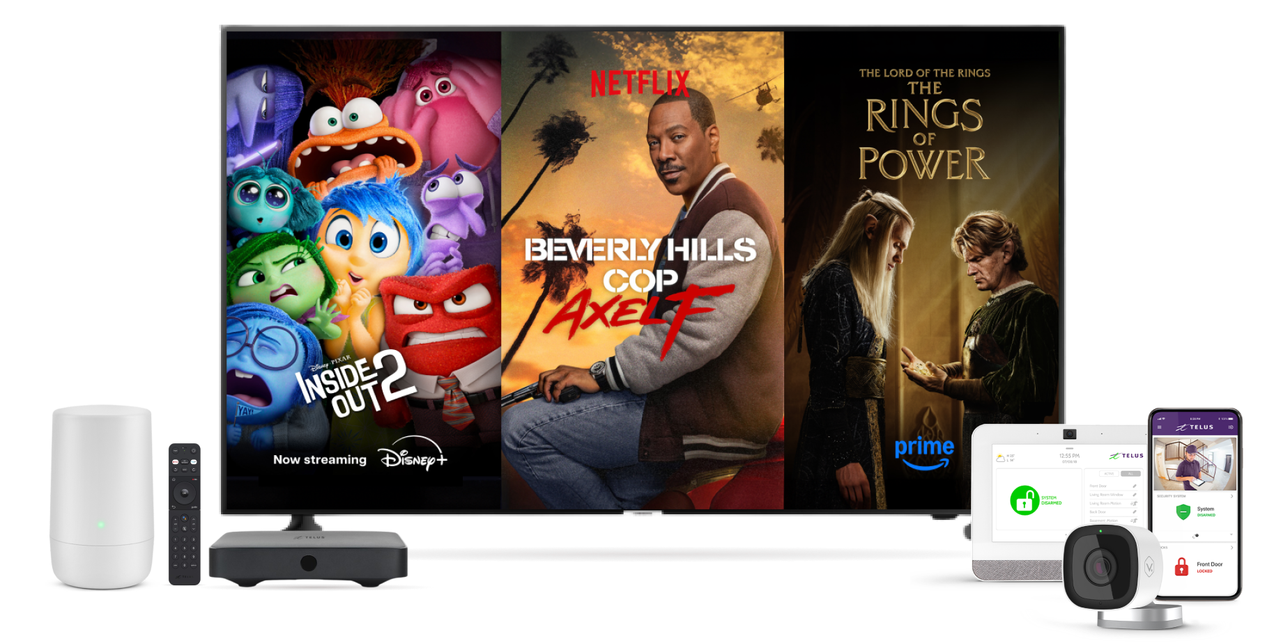 A Wi-Fi router, a TV screen displaying Netflix's Beverly Hills Cop: Axel F, Disney+'s Inside Out 2 and Prime Video's The Rings of Power, and a home security system.