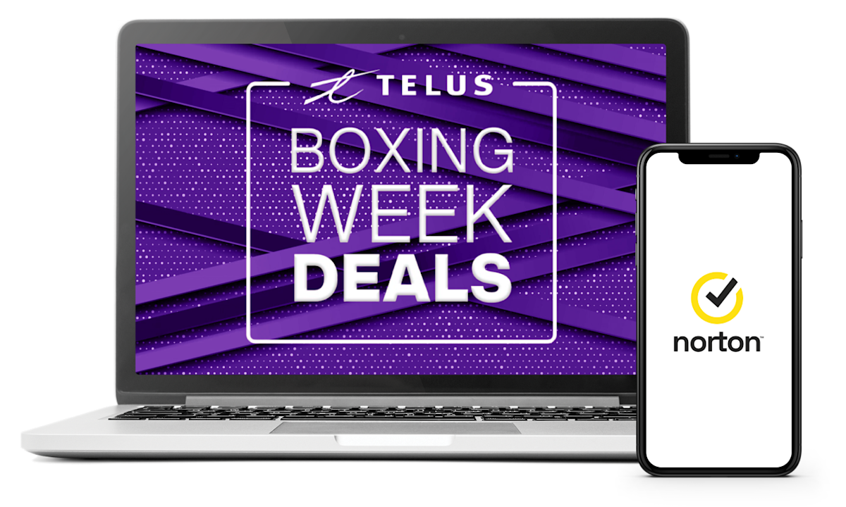 In the image, a smartphone displays the Norton logo, while a laptop shows the words “Boxing Week Deals”.