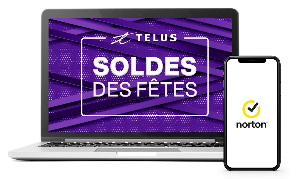 Sur l'image, un téléphone intelligent affiche le logo Norton, tandis qu'un ordinateur portable affiche les mots « Soldes des Fêtes ».