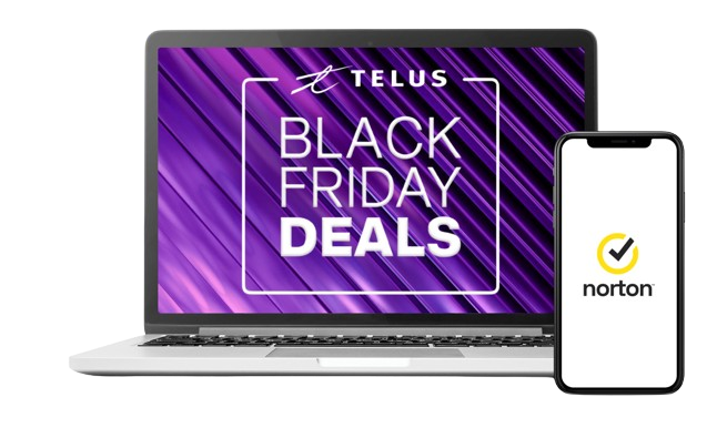 In the image, a smartphone displays the Norton logo, while a laptop shows the words “Black Friday Deals”. 