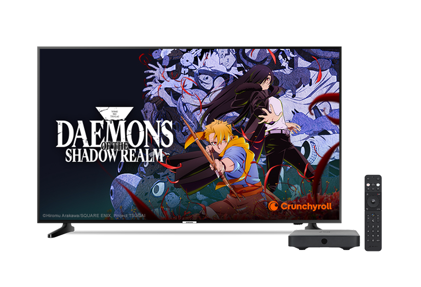 A TV displaying the poster for ‘Daemons of the Shadow Realm’ with the Crunchyroll logo on the bottom right.