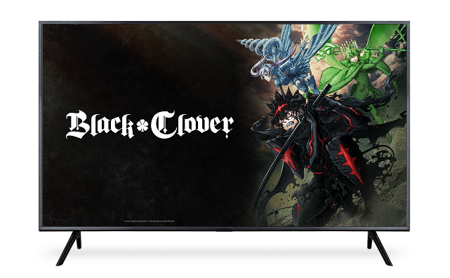 A TV displays anime characters from "Black Clover" in dynamic battle poses next to the series title logo.