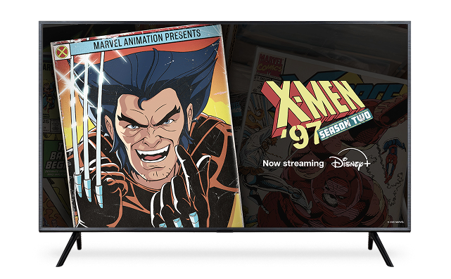 A TV displaying the poster for ‘X-Men '97 - Season Two’ now streaming on Disney+.