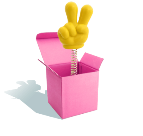 A box with a hand on a spring.