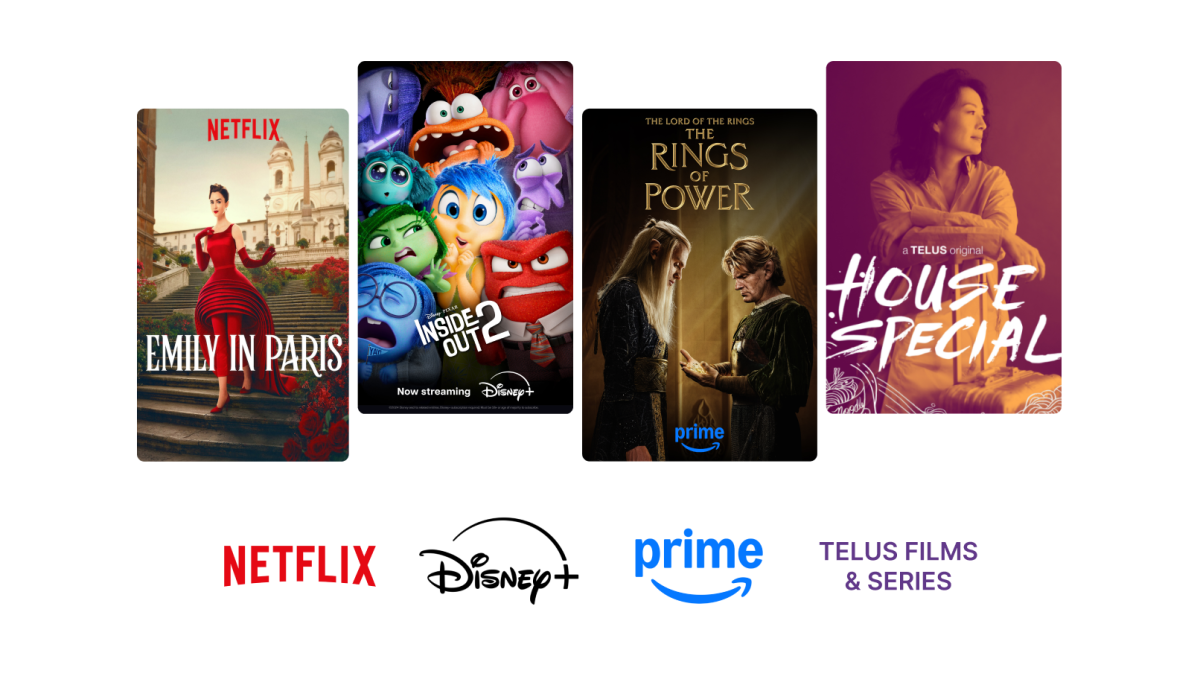 TELUS Stream plus. TV with posters for Beverly Hills Cop on Netflix, Inside Out 2 on Disney+, Rings of Power on Amazon Prime and TELUS Original House Special, Logos for Netflix, Disney+, Prime and TELUS Films & Series.