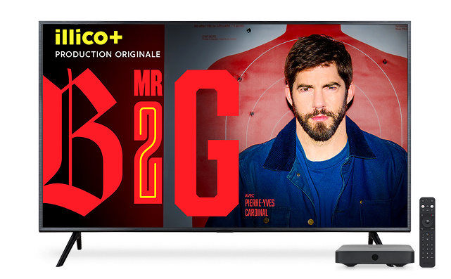 A TV with a TELUS TV Digital Box and a remote. The TV is displaying the poster for 'Mr. Big' from 'illico+ PRODUCTION ORIGINALE' featuring Pierre-Yves Cardinal.
