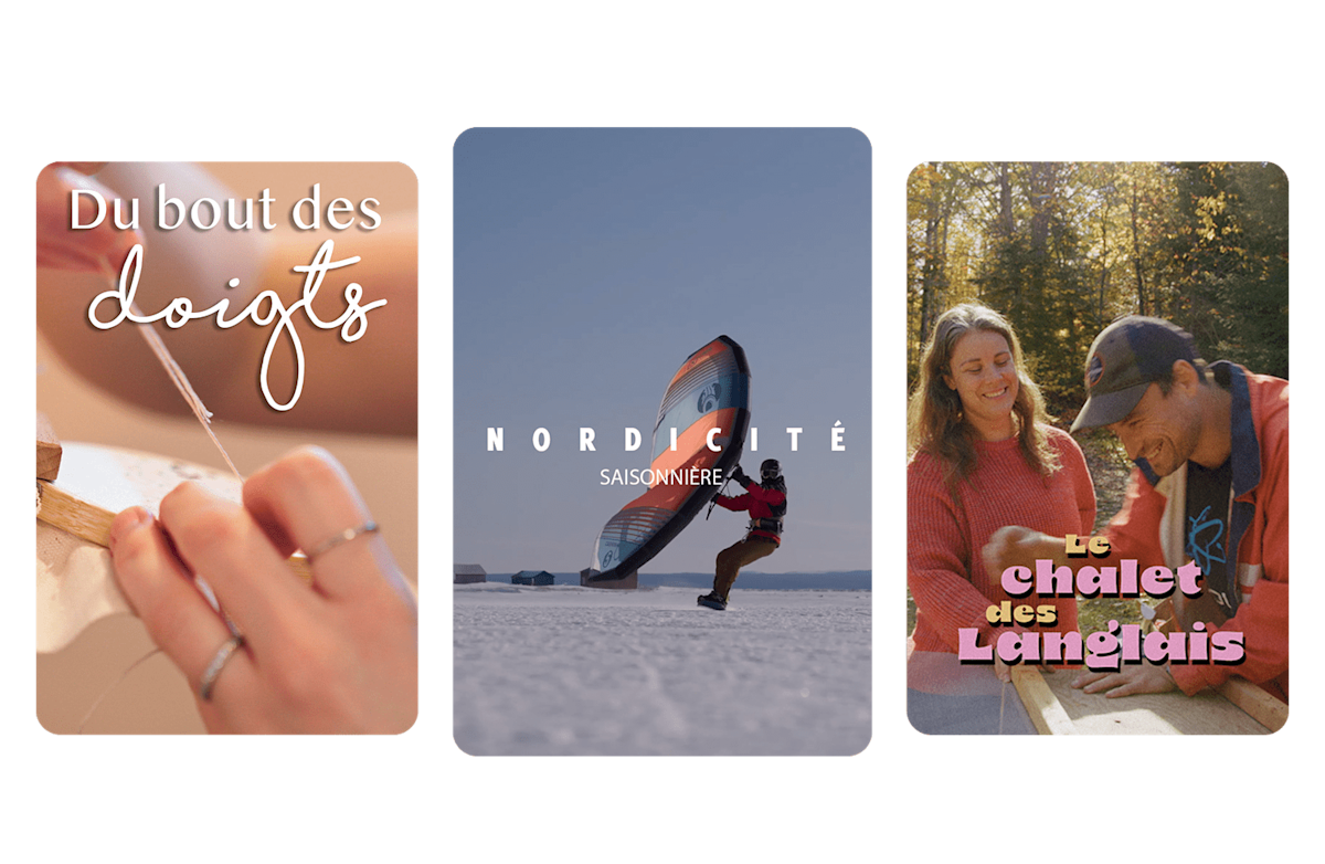 Trois affiches : Du bout des doigts, Nordicité et Le chalet des Langlais.