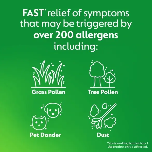 Graphic on a green background that reads " FAST relief of symptoms that may be triggered by over 200 allergens including grass pollen, tree pollen, pet dander and dust with related icons.