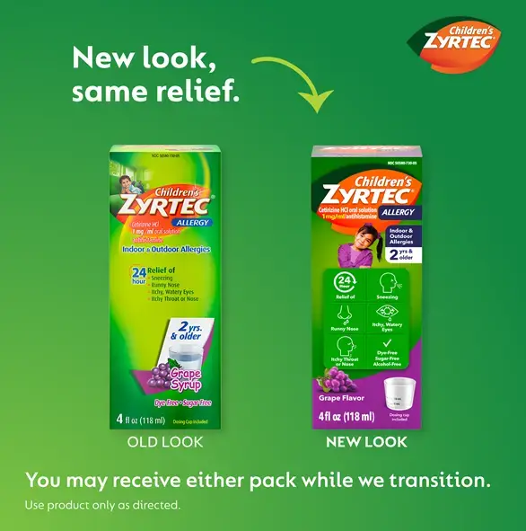 Transition image showing the old vs. new packaging for Children's ZYRTEC®  Grape Syrup