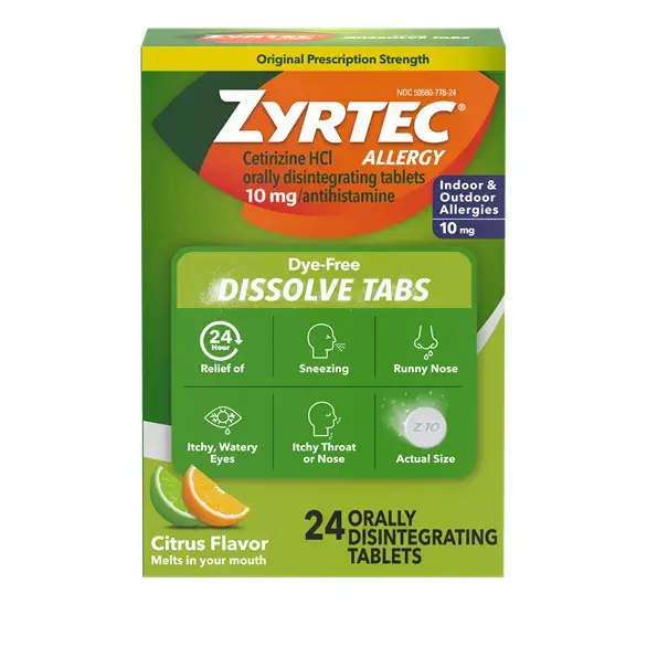 Product pack shot of ZYRTEC® Allergy Relief Dissolve Tabs