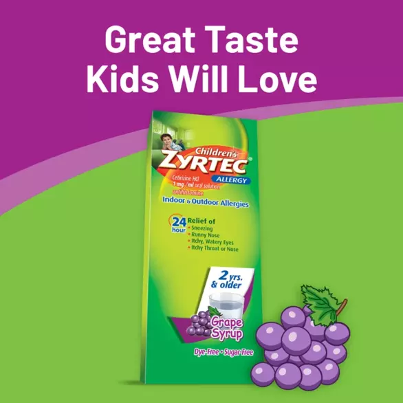 Packaging of Children's Zyrtec Dye-Free Allergy Relief Syrup in grape for 24-HR relief for ages 2+