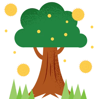 Illustration of a tree and tree pollen particles