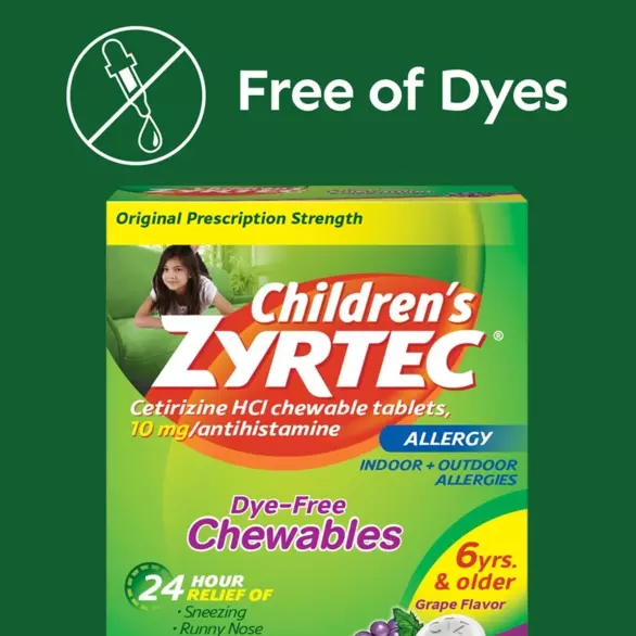 Packaging of Children's Zyrtec Dye-Free Chewables + 10mg for 24-hour allergy relief for ages 6+