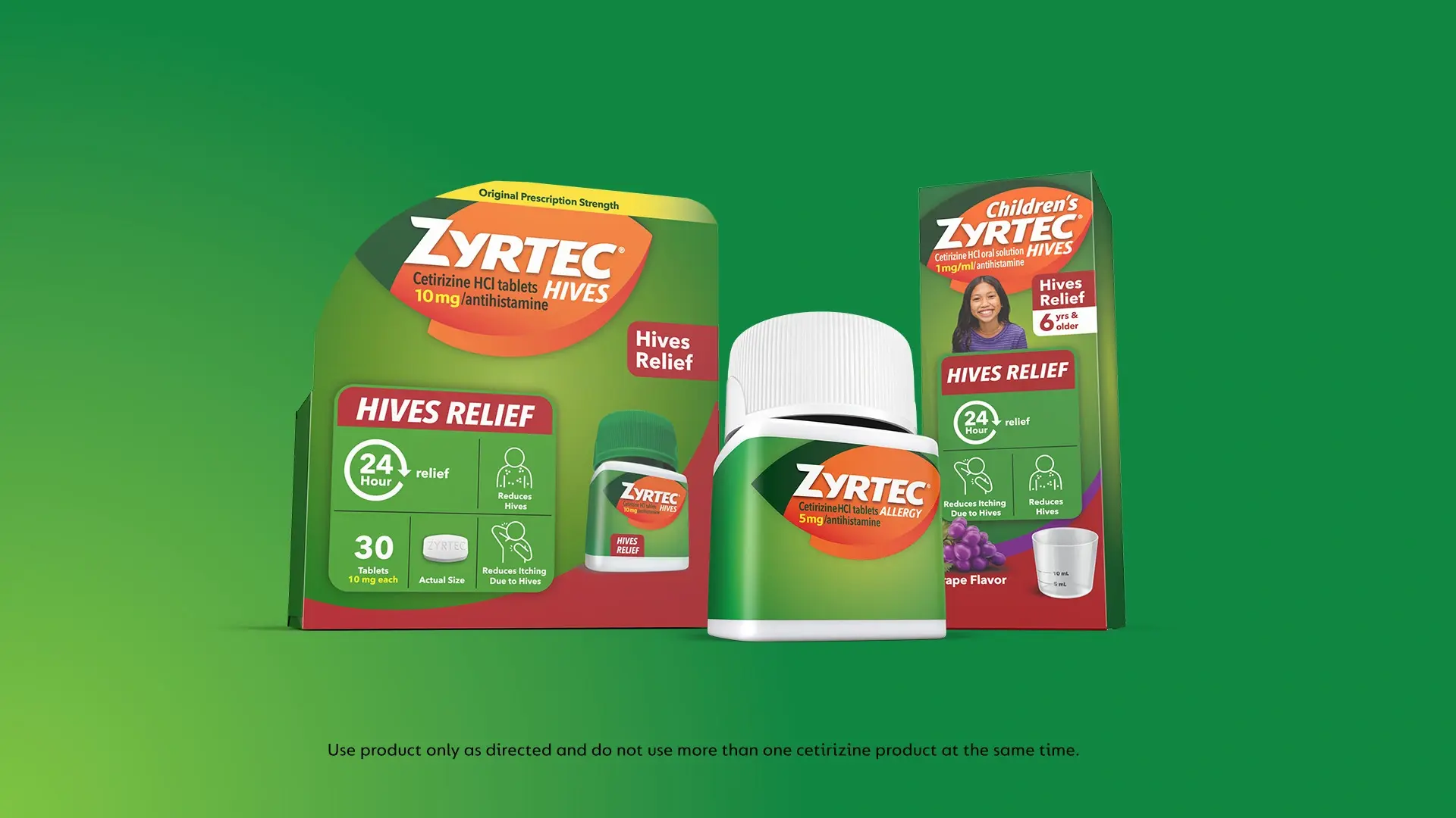 ZYRTEC® Hives relief products for adult and children's, showcasing 24-hour allergy relief.