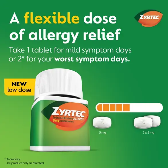 A flexible dose of allergy relief; Take 1 tablet for mild symptom days or 2* for your worst symptom days *once daily