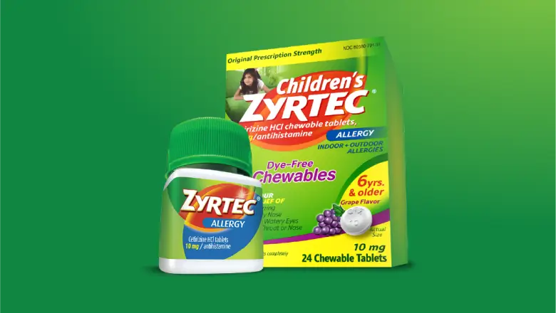 ZYRTEC® tablets bottle and Children’s ZYRTEC® Chewables package