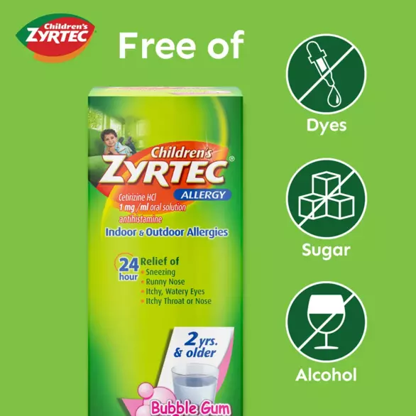 Image of Children's Zyrtec 24-hour Allergy Relief Syrup in bubble gum, free of dyes, sugar & alcohol