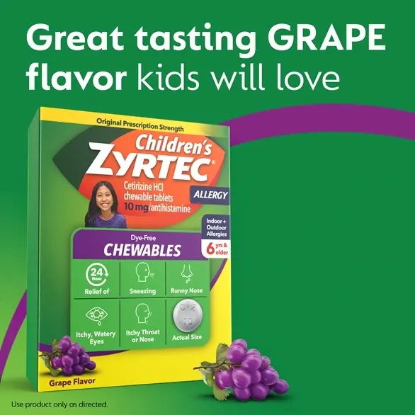 Children's ZYRTEC® Dye Free Chewables box with an illustration of a grape on green background with the text "Great tasting grape flavor kids will love"
