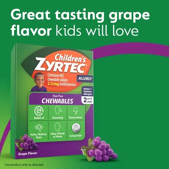 Children's ZYRTEC® Dye Free Chewables box with an illustration of a grape on green background with the text "Great tasting grape flavor kids will love"