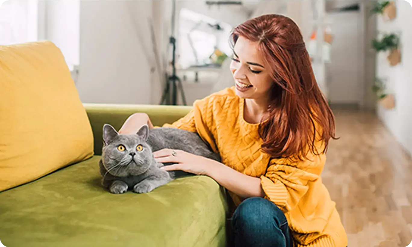 A woman sitting on a couch with a gray cat, showing common indoor allergies associated with pets.
