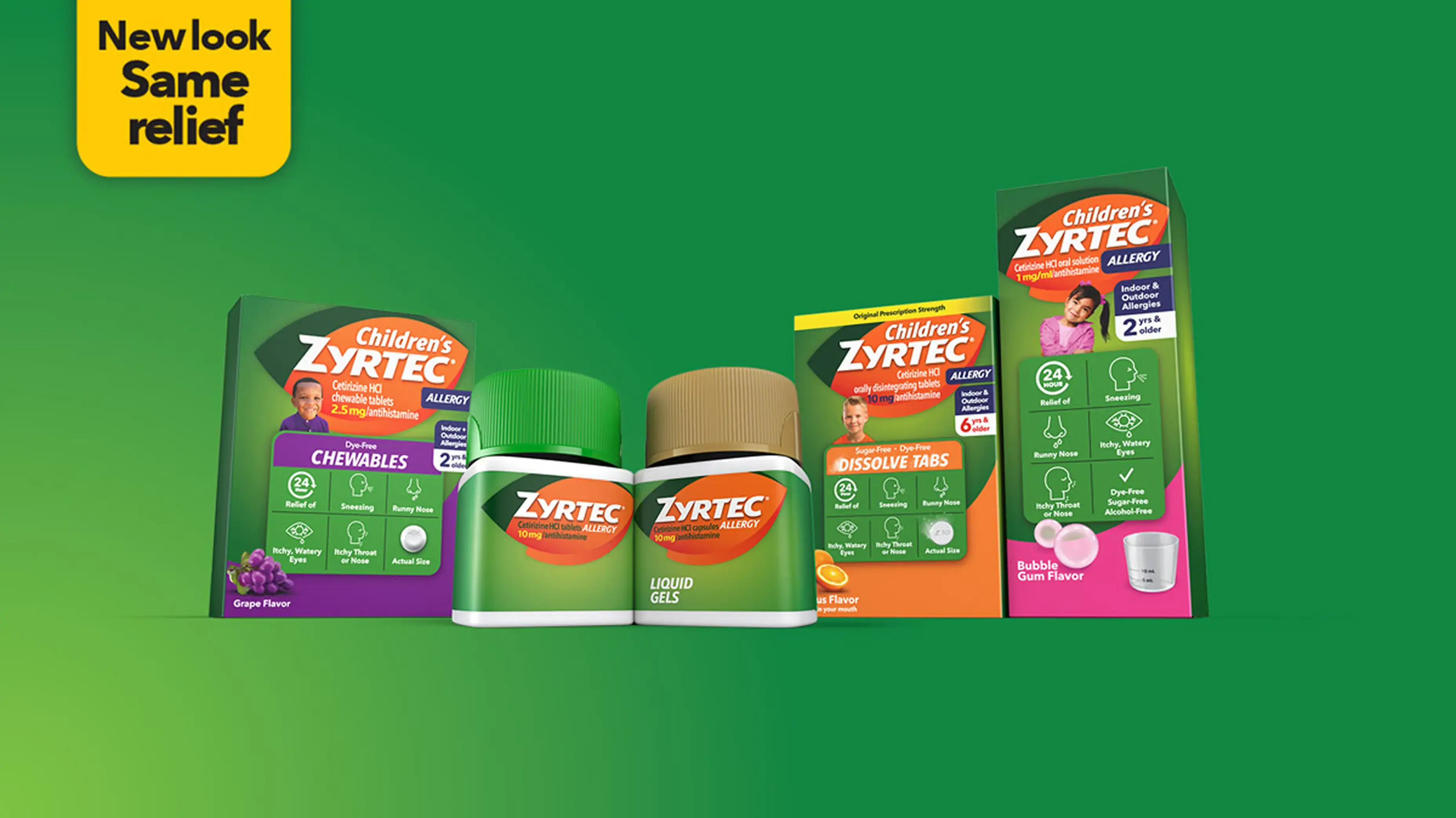 Children's ZYRTEC® allergy relief products featuring chewables, liquid gels, and dissolve tabs in grape and bubble gum flavors