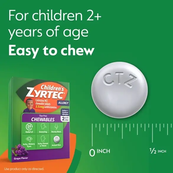 Children's ZYRTEC® Dye Free Chewables box on green background with the text "For children 2+ years of age. Easy to chew." with a photo of the chewable tablet .