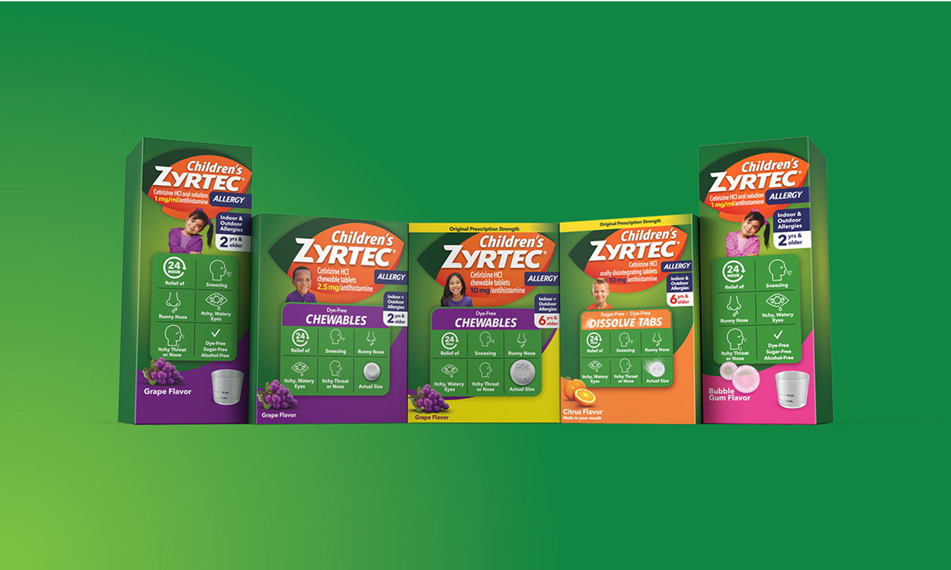 Children's ZYRTEC® allergy products, including grape syrup, chewable tablets, and dissolve tabs, designed for effective allergy relief in kids.