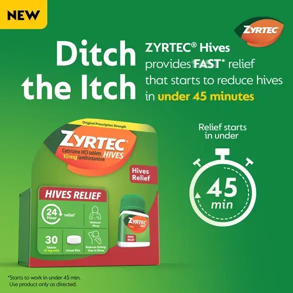Ditch the Itch with ZYRTEC® Hives Relief Tablets. Provides Fast* relief that starts to reduce hives in under 45 minutes